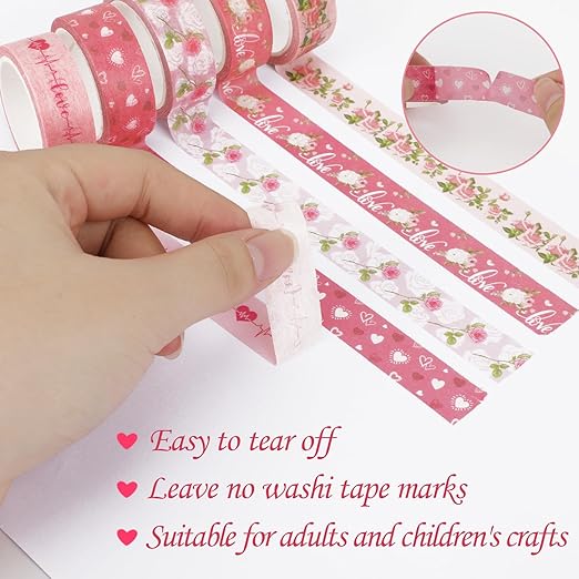 Konsait 12 Rolls Washi Tape Set Valentine Washi Tape Heart Washi Tape Stickers Valentine Decorations Valentines Day Crafts Supplies for Journaling, Scrapbooking, and Wrapping Total 196.9 ft