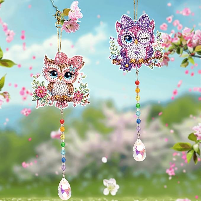 LazyFold 2 Pcs Diamond Painting Wind Chime Kits,Cute Owls DIY Diamond Art Painting Wind Chime Kits Crystal Art Suncatchers for Adults Home Garden Window Craft Gift