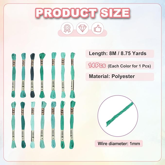 PATIKIL 14 Skeins Embroidery Floss, Polyester Embroidery Threads Bracelets String for Cross-Stitch Hand Embroidery, Multicolored Green