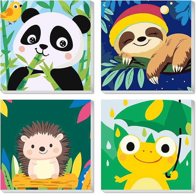 KEYIFA 4 Pack Framed Paint by Numbers Kit for Kids Age 6-12, Easy Animal Paintings for Adult Beginner, Framed Acrylic Canvas Painting for Home Decor Children Gift, 8x8 in (Sloth+Panda+Hedgehog+Frog)