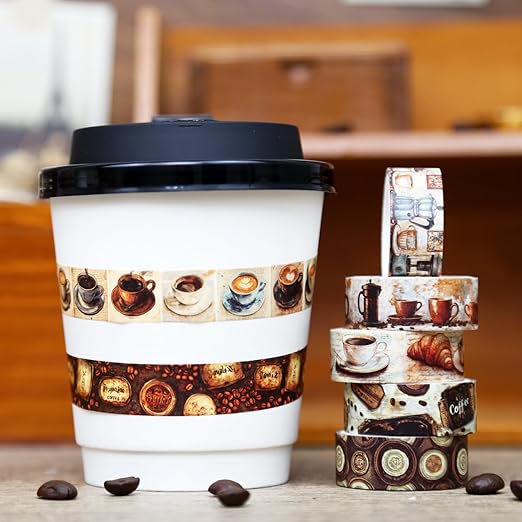 12 Rolls Washi Tape Set,Vintage Coffee Themed Decorative Tape Retro Brown Watercolor Cafe Masking Tape for Journaling Supplies,Junk Journal, Scrapbooking,Planner,DIY Arts & Crafts Supplies