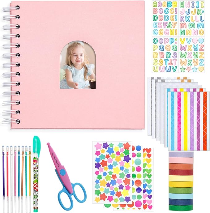 Kid Scrapbook DIY Photo Album Hard Cover Scrapbook Kit for Kids Instant Camera Print Paper with DIY Accessories (Pink)