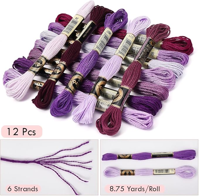12 Skeins 105 Yards Gradient Purple Polyester Embroidery Floss Cross Stitch Threads Colorful Friendship Bracelets Craft Needlepoint Yarn for Sewing Making DIY Birthday Wedding Stitching
