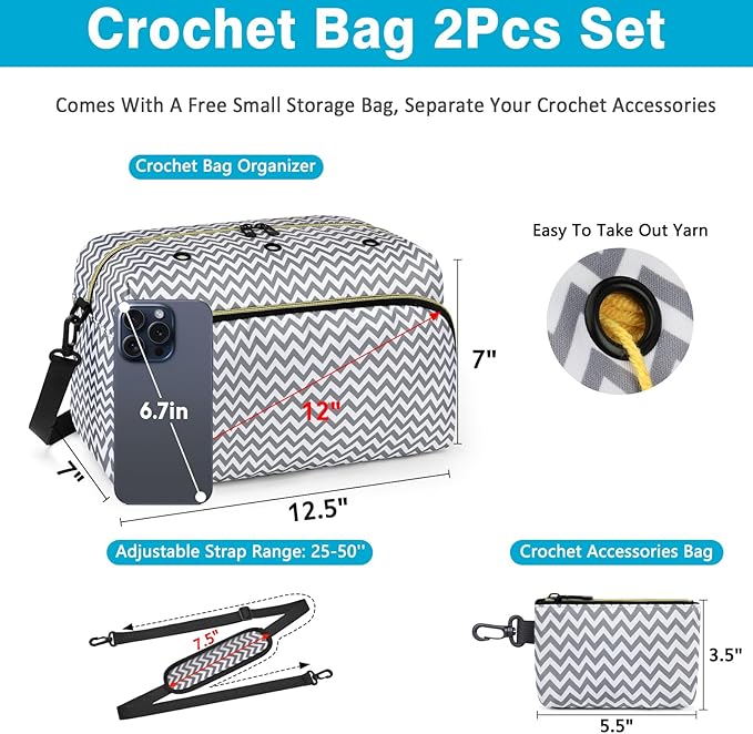 IBFUN Crochet Yarn Knitting Bag 2 Pcs Yarn Storage Organizer Crocheting Bags for Beginners with Shoulder Strap for Knit Accessories Needles Hooks