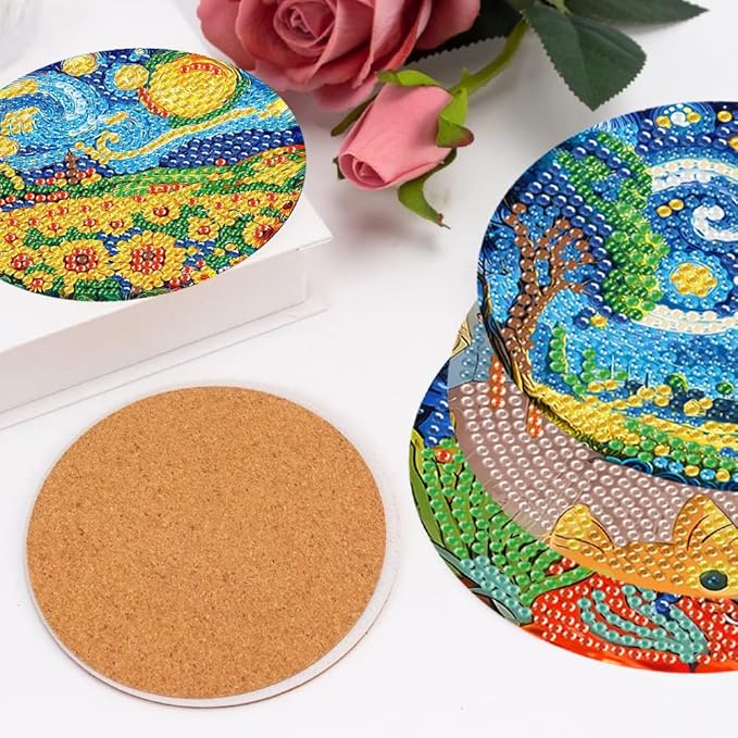 8 Pcs Diamond Art Coasters Kit with Holder, DIY Famous-Painting Diamond Painting Coasters for Beginners Adults, Non Slip Diamond Art Kits Craft Supplies 4x4inch