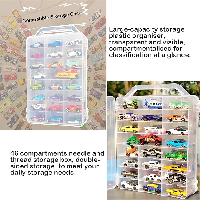 Double-Sided Sewing Organizer Box with 46 Grids - Clear Plastic Thread Storage Case for Embroidery Floss, Sewing Threads, Needles, Beads & Craft Supplies (Portable Craft Organization Container)