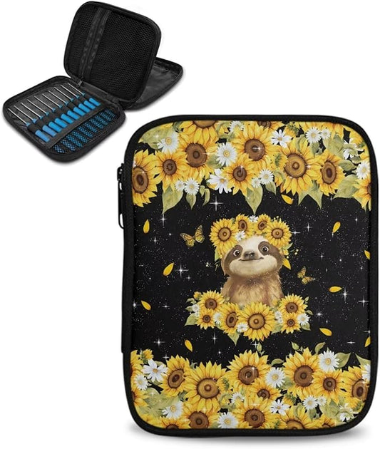 Hechitok Sloth Sunflower Crochet Hook Case Zipper Storage Organizer Bag with Pockets for Various Crochet Needles/Knitting Accessories/Crochet Hook Kit Tools