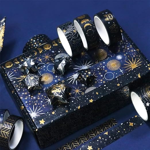 YUBBAEX Mystic Gold Washi Tape Set Wide Silver Foil Masking Tape Decorative for Arts, DIY Crafts, Journal Supplies, Planners, Scrapbook, Card/Gift Wrapping (Dark Night)