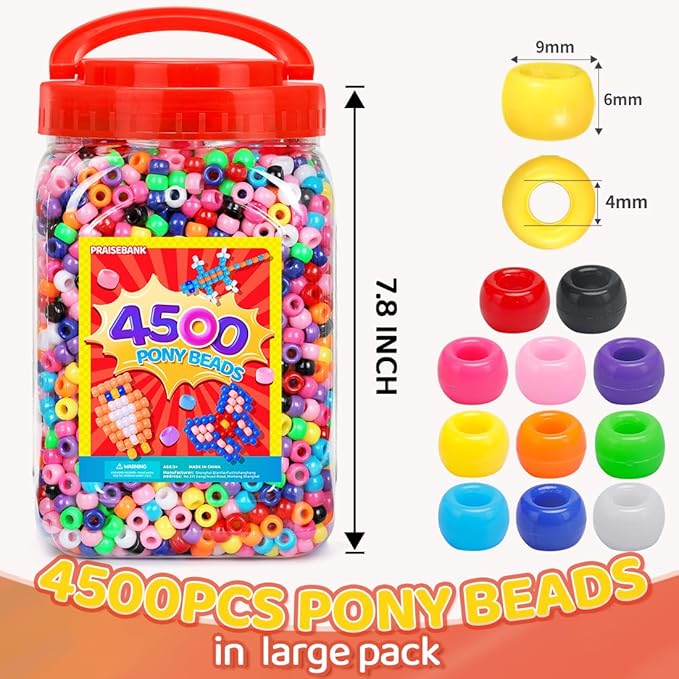 praisebank pony beads, 4500pcs 6x9mm, wholesale beads, bracelets jewelry making, arts & crafts(multi-colored)