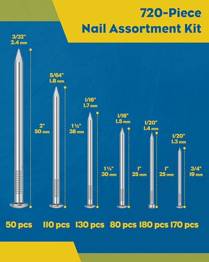 Vibit 720 Pcs Nail Assortment Kit, 6 Sizes, Picture Hanging Nails for Wall Art, Small Nails for Hanging Pictures, Drywall Wood Hardware Nails Finishing Nails Wall Nails for Hanging Photos Mirrors