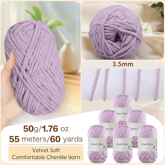 SIMEIQI 6 Pack of 1.76oz Chenille Yarn for Crocheting,60yards Soft Fluffy Velvet Yarn, Ideal Crochet for DIY Baby Blankets Toys Scarves Throw Pillows Hats Cushions(Purple)