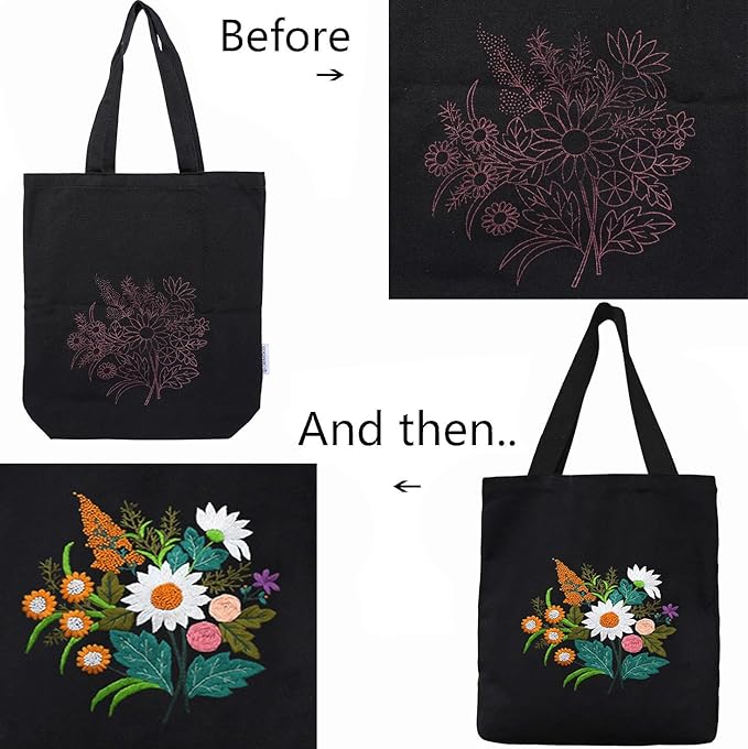 CREAWONDER Canvas Tote Bag Embroidery Kit with Pattern for Beginners, Arts and DIY Embroidery Crafts Kits for Adults, Include Instructions, Thimble, Embroidery Hoops, Color Threads and Tool