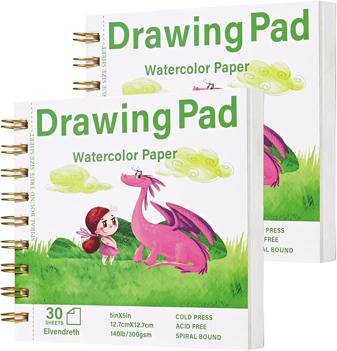 2-Pack Elvendreth Water Color Paper Pad 5x5 Inch 30 Sheets Cold Press Paper (140lb/300gsm),Spiral Bound/Tear Line Watercolor Sketchbook for Smaller - Sized Exercises or Travel for Art Drawing Supplie