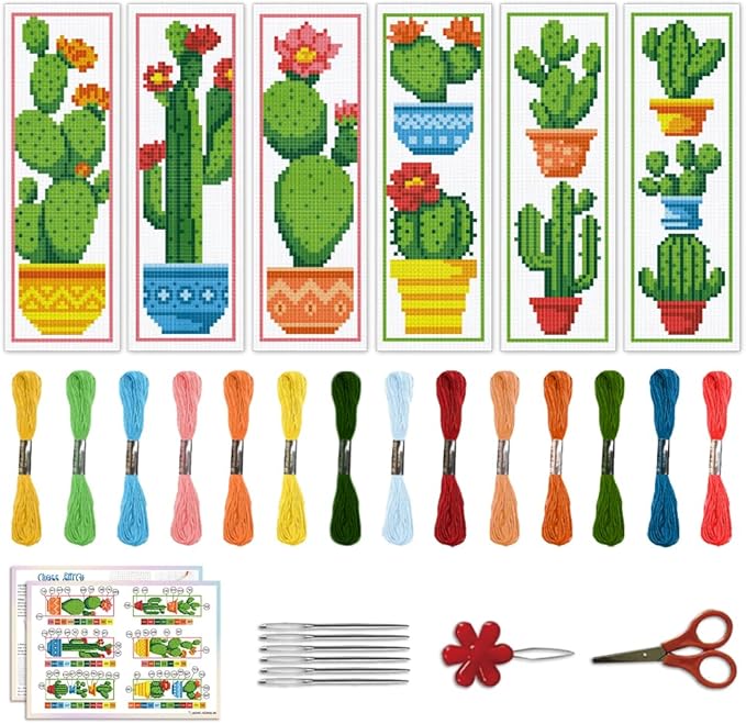 ACRNIGHEET 6PCS Cactus Cross Stitch Bookmark Kit for Beginner Stamped Cross Stitch Kits for Adults DIY Embroidery Bookmark Kits Crossstitch Kits Adult with Instructions Hand Craft Gift 11CT