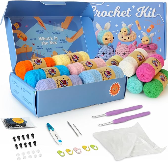 Crochetta Crochet Kit for Beginners Adults - Complete Starter Set with Crochet Hooks, Scissors, Stitch Markers + 12-Colored Yarn 45-50 Yards (20g) per Color