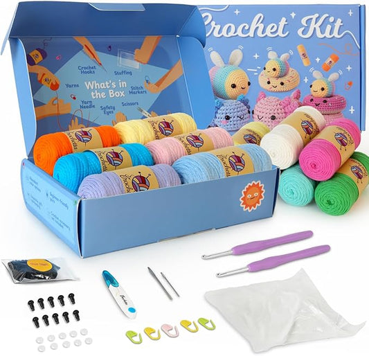 Crochetta Crochet Kit for Beginners Adults - Complete Starter Set with Crochet Hooks, Scissors, Stitch Markers + 12-Colored Yarn 45-50 Yards (20g) per Color