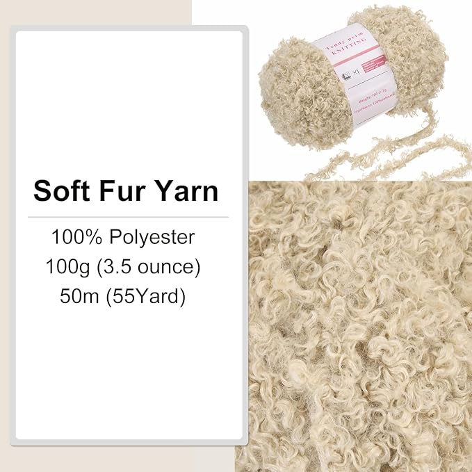 MECCANIXITY Fur Yarn Soft Fluffy Chunky Yarn Fuzzy Eyelash Yarn Cream White for Crocheting Knit Clothes Bag - 55Yard/50m, 3.40ozx1