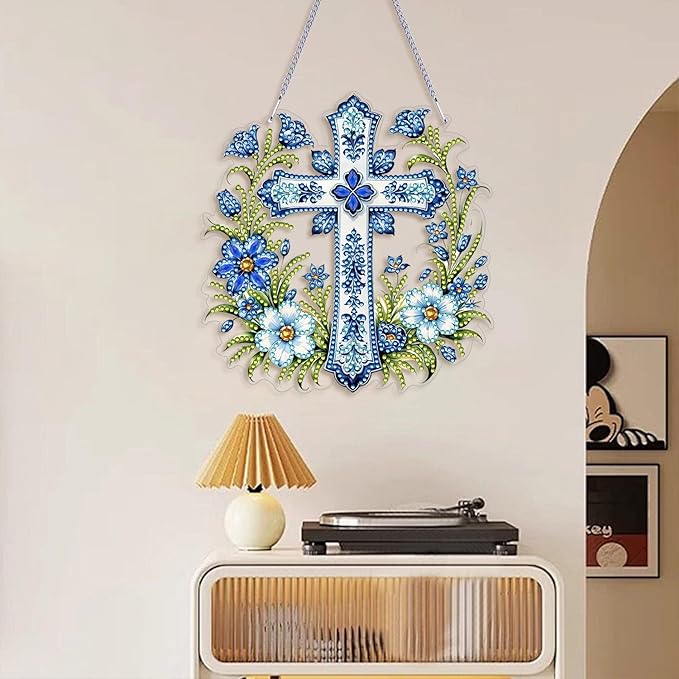 ARPADAMO Hanging Diamonds Art kit for Adult,DIY Cross Flowers Pendant Diamonds Painting Art Kit, 7.0x6.8 inch Acrylic Diamonds Painting Board Kit Ornament, Special Crystal Diamond Hanging Ornament