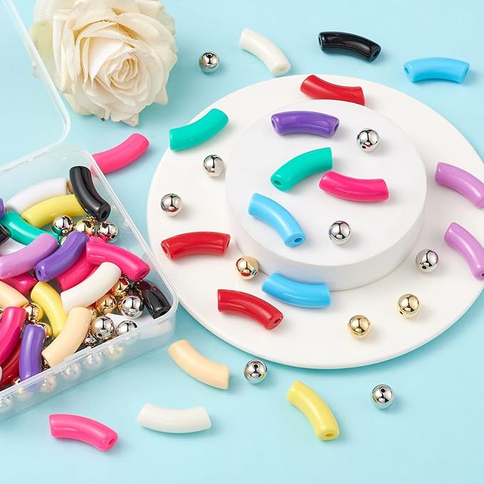 Crafans 48Pcs Acrylic Chunky Tube Beads with Round Plastic Spacer Beads, 12 Colors Opaque Curved Tube Beads for Bamboo Bangles Bracelet Jewelry Making
