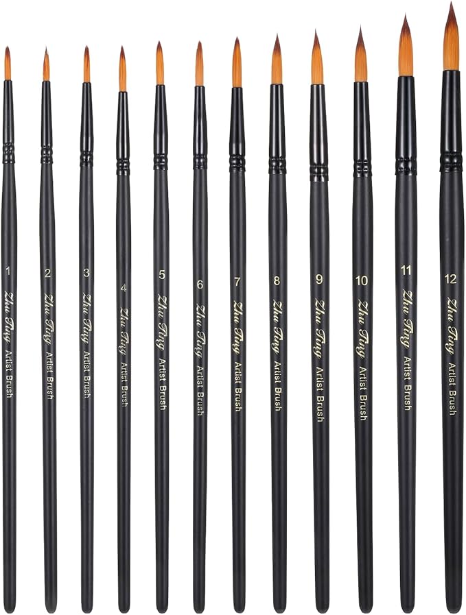 12 Pcs Watercolor Brushes Professional Set, Artist Watercolor Paint Brushes, Different Sizes Round Paint Brushes Detail Painting Brush for Watercolor, Acrylics, Ink, Gouache, Oil, Black