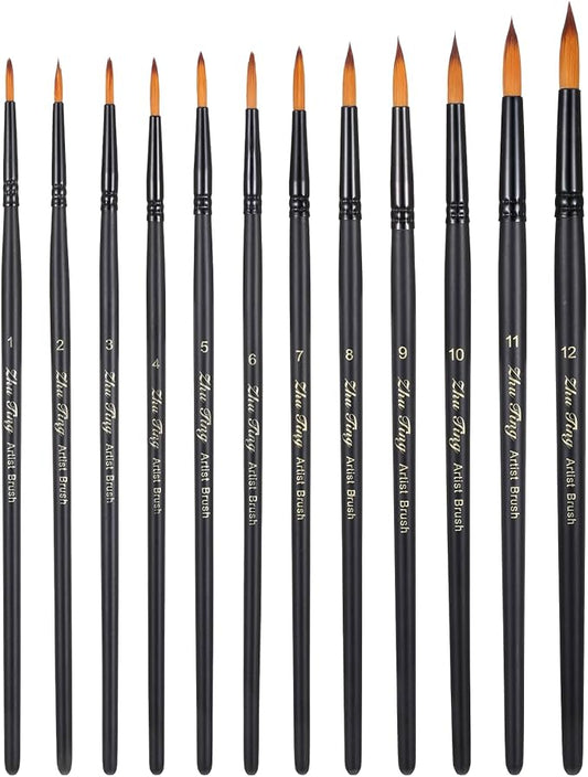 12 Pcs Watercolor Brushes Professional Set, Artist Watercolor Paint Brushes, Different Sizes Round Paint Brushes Detail Painting Brush for Watercolor, Acrylics, Ink, Gouache, Oil, Black