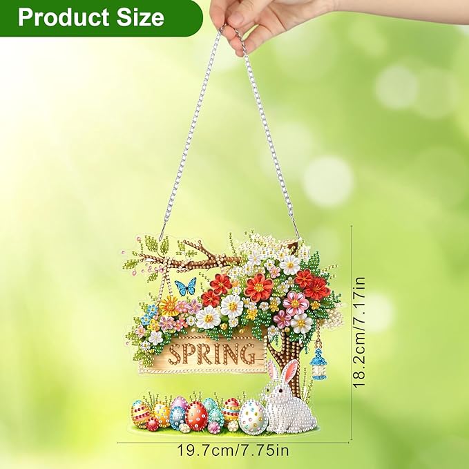 CEOVR Spring Hanging Diamond Painting, Easter Bunny Diamond Art for Adults Pendant DIY Spring Gem Art Wall Hanging Ornament, Acrylic Home Garden Decor with Chain, Box Kit 7.75×7.17inch