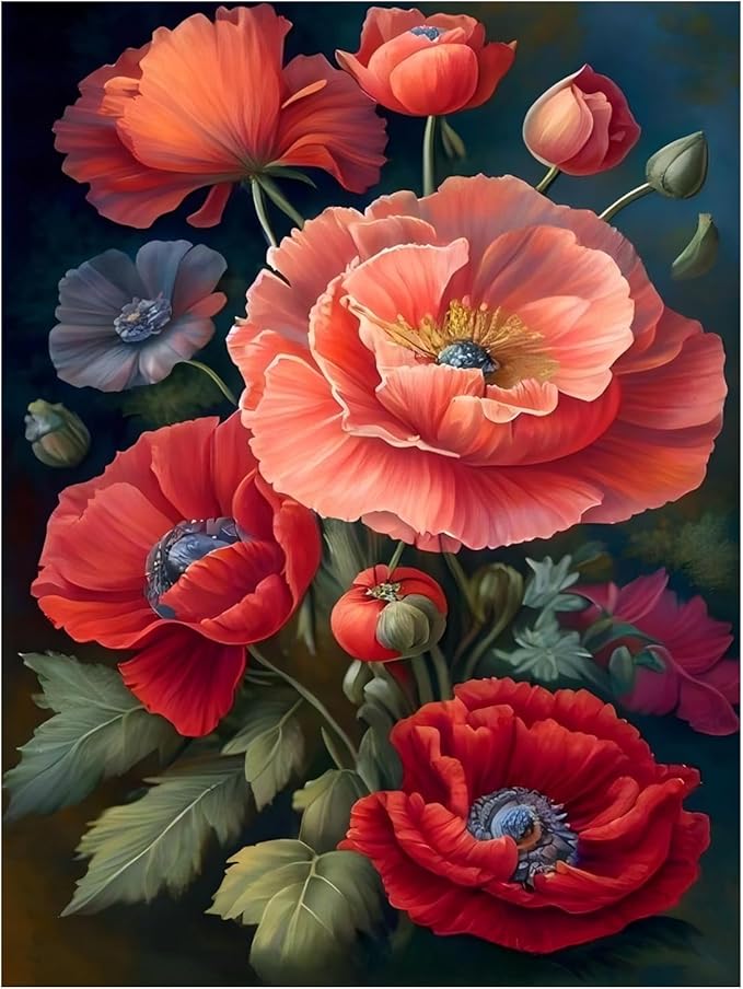 Flowers Paint by Numbers for Adult, Poppy Paint by Numbers Kit for Adults Beginners, DIY Flowers Acrylic Painting on Canvas for Home Wall Art Decor 16x20 Inch