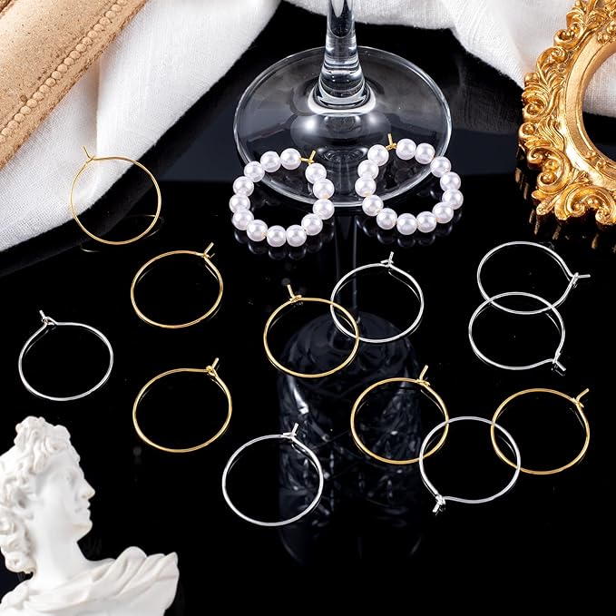 OIIKI 300PCS Earring Beading Hoops, 25mm Silver/Gold Plated Hoop Earring Findings, Open Hoops, Metal Wire Earring Rings, Round Earring Beading Accessories for DIY Jewelry Making, Wine Glass Decoration