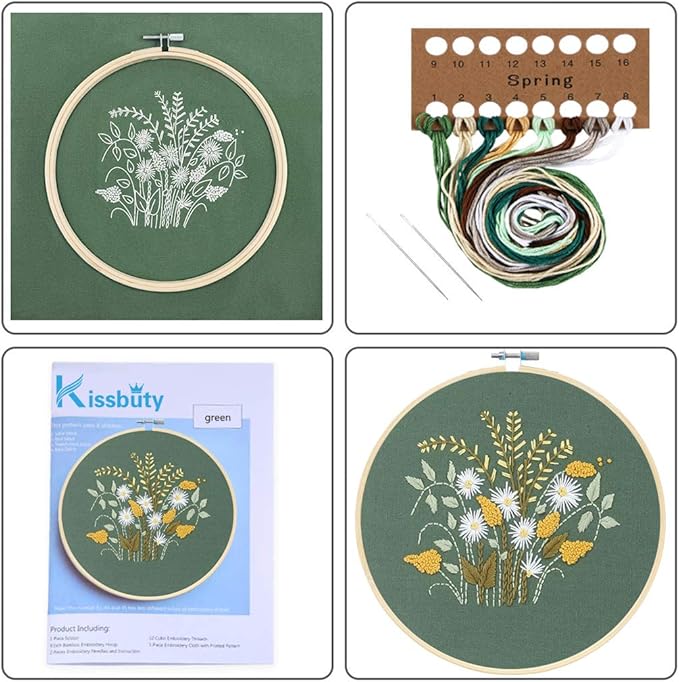 KISSBUTY Full Range of Embroidery Starter Kit with Pattern, Cross Stitch Kit Including Embroidery Fabric with Floral Pattern, Bamboo Embroidery Hoop, Color Threads and Tools Kit (Flowers Plants)