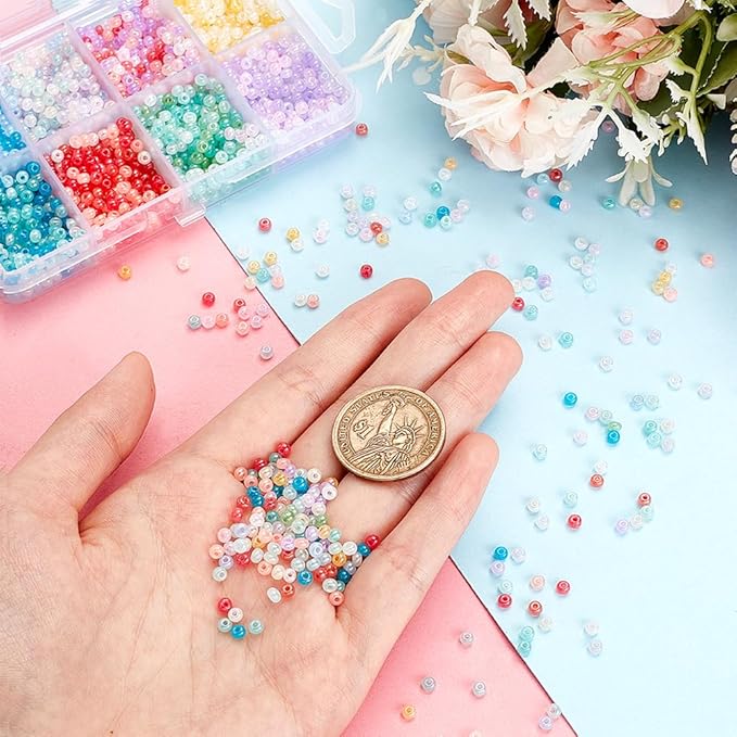 PH PandaHall 2104pcs 3mm Creamy Cloudy Seed Beads 8 Colors Bracelet Glass Beads Round Loose Spacer Beads Small Macaron Beads Glass Round Beads for Bracelet Necklace Jewelry Making DIY Crafts