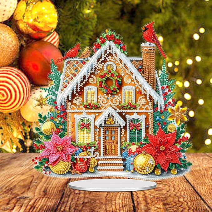 LAKEQUILL Christmas Diamond Painting Kits, Cookie House Tabletop Ornament, Stand Up Diamond Art Desktop Kits for Home Office Decor, New Year Gift