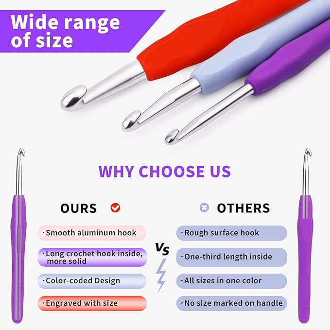 Iuuidu 3PCS Crochet Hooks, Ergonomic Handle Crochet Hooks for Arthritic Hands 3Size, Extra Long Crochet Needles for Beginners, Comfortable Smooth Knitting Needles for Handmade DIY Multicolor