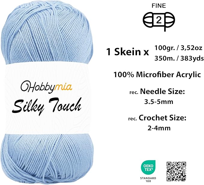 Silky Touch Acrylic Yarn - Soft Sport Weight Yarn for Crochet & Knitting - 100g / 383yds - 100% Microfiber Acrylic - Lightweight Fine Smooth Yarn(Blue - Blue Freesia, 1 Skein)
