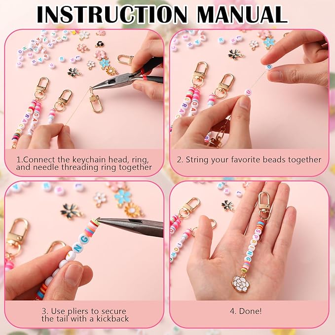 Tondiamo 2823 Pcs Bead Keychain DIY Craft Making Kit Bag Charms Key Ring Letters Beads String for Gift Jewelry Key Ring Backpack Accessories(Flower)