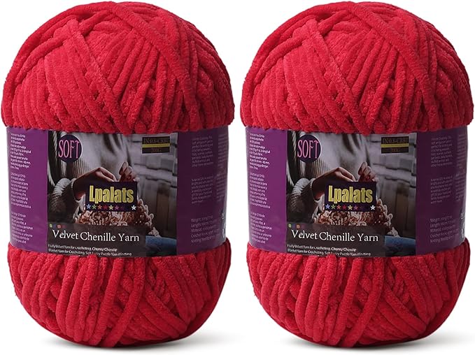 Baby Blanket Yarn for Crocheting - 2 Pack of 200g/7oz Chunky Chenille Yarn for Knitting Blankets Amigurumi - #6 Super Bulky - 348 Yards Soft Thick Plush Yarns (2, Red)