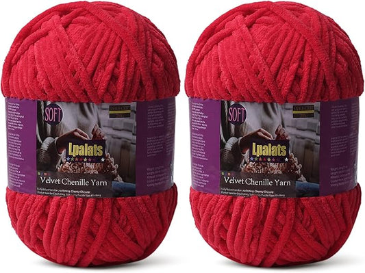 Baby Blanket Yarn for Crocheting - 2 Pack of 200g/7oz Chunky Chenille Yarn for Knitting Blankets Amigurumi - #6 Super Bulky - 348 Yards Soft Thick Plush Yarns (2, Red)