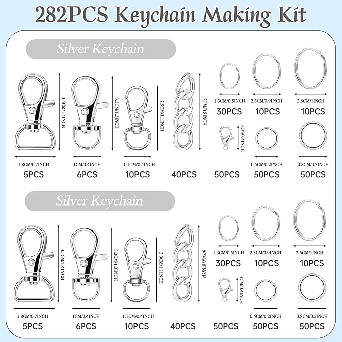Prdingfy 282PCS Keychain Making Kit, Keychain Craft Supplies Including Key Chain Hooks, Lobster Clasps, Key Rings and Jump Rings for Key Chain Making and Jewelry Making(Silver)