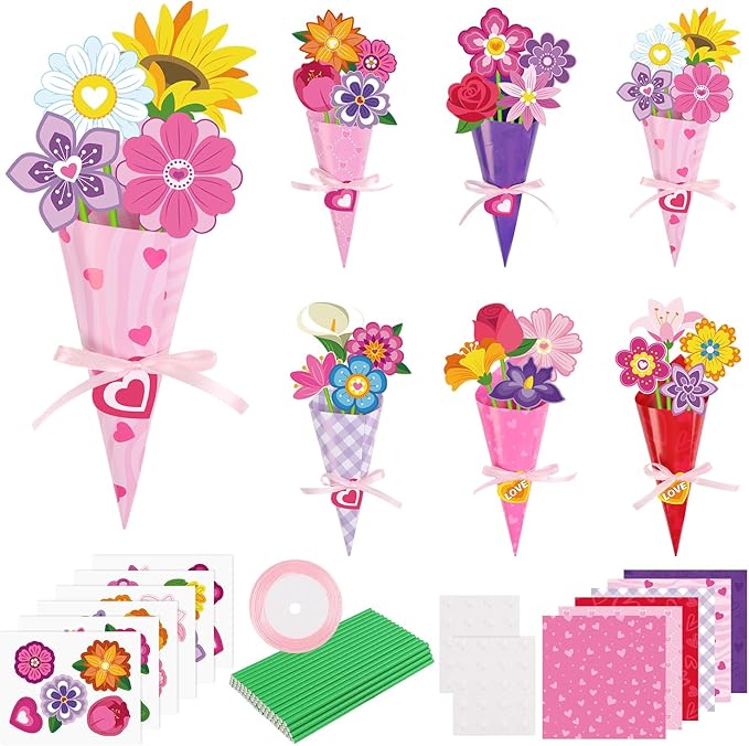 CCINEE 24 Sets Valentine Day Paper Flower Bouquet Crafts Kits, Make Your Own Spring Pink Flower Bouquet Paper DIY Kits for Mother's Day Valentines Day Teacher Appreciation Gifts School Activity