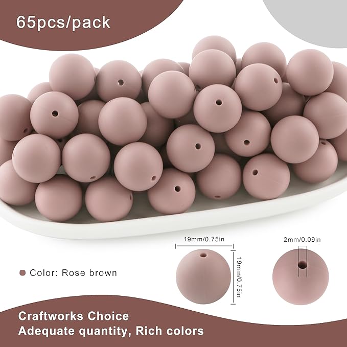 65Pcs 19mm Silicone Beads for Keychain Making Bracelet Necklace, Bulk Round Silicone Beads for Pens(Rose Brown)