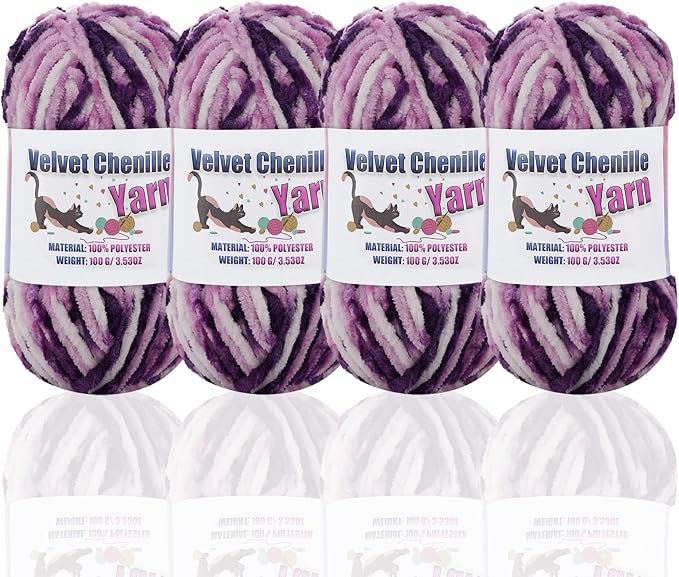 4 * 100g Fluffy Velvet Chenille Yarn for Crocheting and Knitting, Handcrafts Weaving Soft Chenille Yarn for Crocheting Clearance, Used for Making Baby Yarn Blanket, Clothes, DIY Craft (Colorful-F)