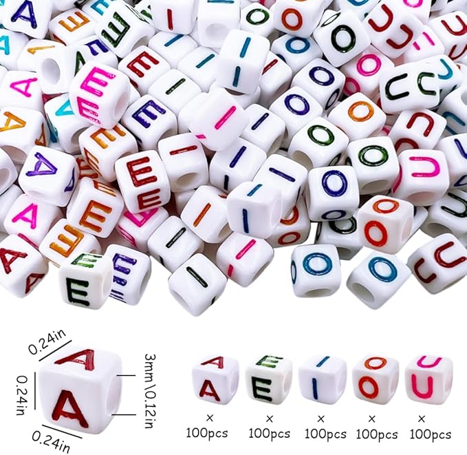 MIIIM 500pcs Vowel Pony Letter Beads for Keychains Making (A, E, I, O, U), 6x6mm Large Hole Square Letter Beads for Bracelets Making, Alphabets, Numbers (White and Colorful)