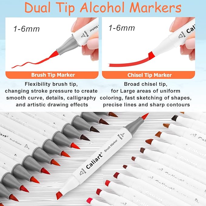 caliart alcohol brush tip markers, 101 colors adult coloring markers set dual tip chisel & brush for artists drawing illustration sketching, with case permanent colored art pens drawing supplies