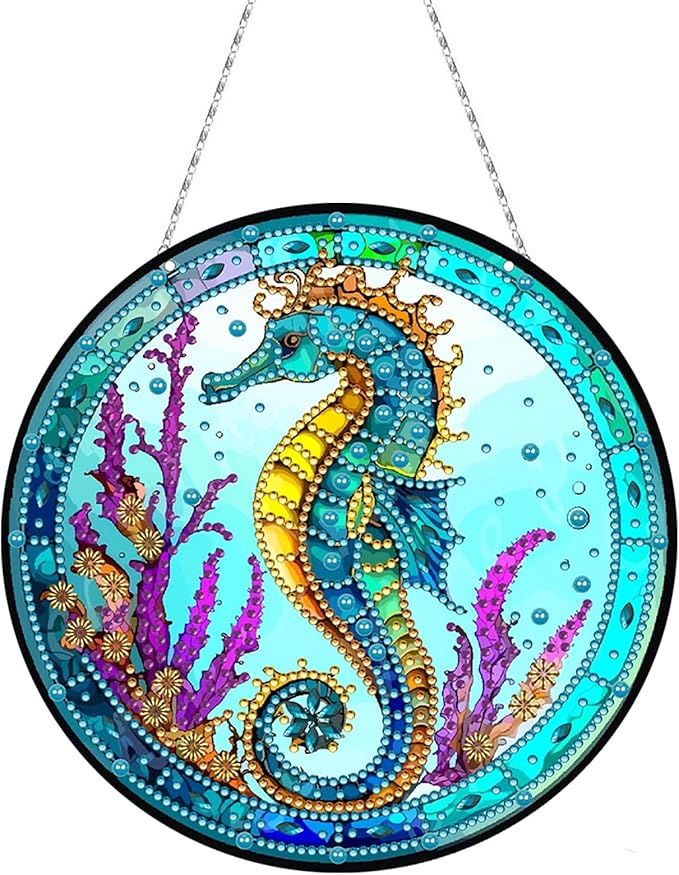 Generic DIY Hanging Diamond Pendant Special Shaped Crystal Diamond Art Painting Ornament Single Sided for Window Home Garden Wall Door Decor-Seahorse
