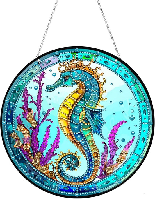 Generic DIY Hanging Diamond Pendant Special Shaped Crystal Diamond Art Painting Ornament Single Sided for Window Home Garden Wall Door Decor-Seahorse