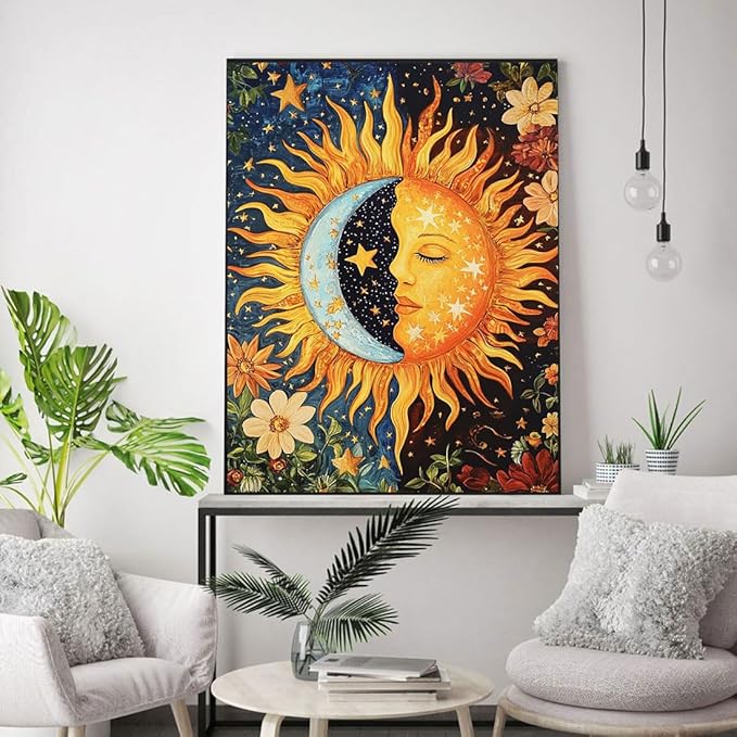 Sun and Moon Stamped Cross Stitch Kits - Plant Counted Cross Stitch Kits for Beginners Adults Needlepoint Cross-Stitch Patterns Dimensions Needlecrafts Embroidery Kits Arts and Crafts