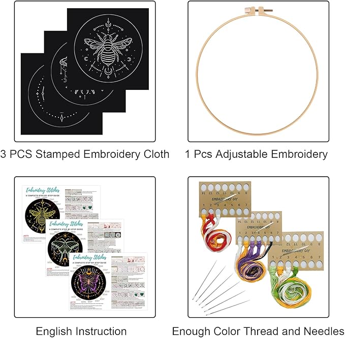 louise maelys 3 sets tarot embroidery kits for beginners,cross stitch kit for adults,crewel starters needlepoint with moon, butterfly, bee and moth pattern and tool