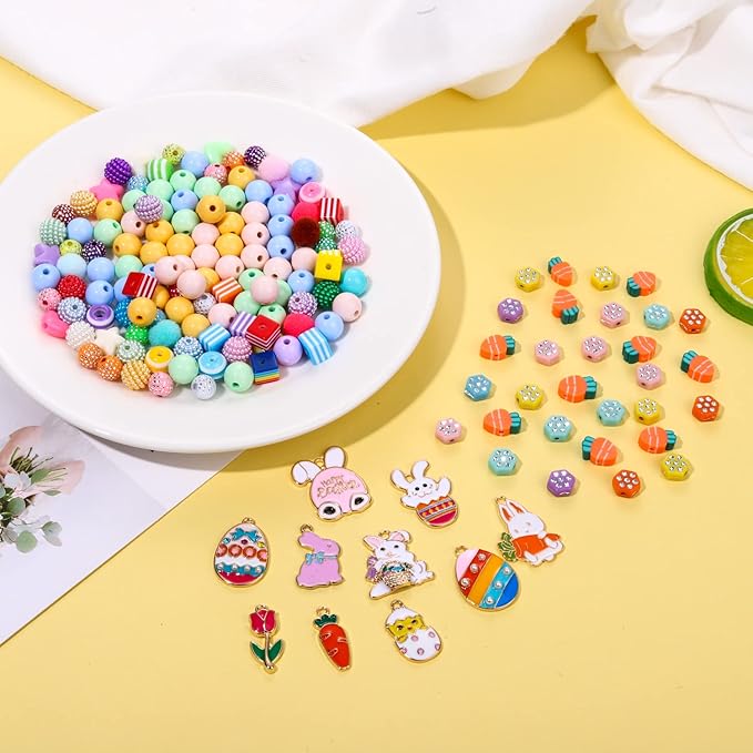 CEALXHENY 1250PCS Easter Beads Colorful Polymer Clay Beads for Jewelry Making, Crystal Acrylic Bead Enamel Easter Bunny Egg Charms for Bracelet Necklace Making DIY Crafts (1250PCS Easter Beads)