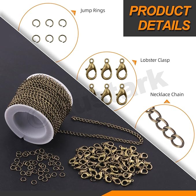 Rustark 102Pcs 4mm 30 Feet Bronze Jewelry Making Chains Kit Thin Necklace Bracelet Chain Twisted Links Curb Chain with Jump Rings Lobster Clasps and Pliers for Bracelet Necklace Jewelry Making