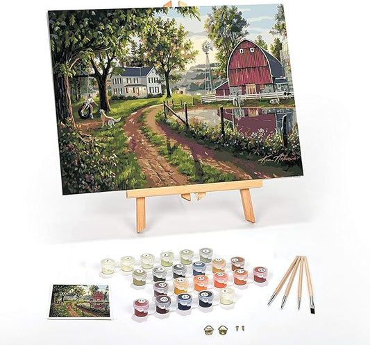 Ledgebay DIY Paint by Numbers Kit for Adults Framed Canvas Beginner to Advanced Paint by Numbers Kit Kits Include Acrylic Paint Set Brushes Tabletop Easel (The Road Home 12" x 16" Framed)