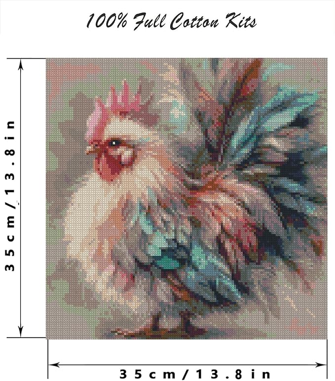 Chicken Counted Cross Stitch Kits for Adults, Colorful Rooster Stamped Cross Stitch Kits for Beginners, Needlepoint Cross-Stitch Patterns Embroidery Kits Arts and Crafts for Home Decor 14×14Inch